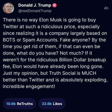 Trump says Musk won't buy Twitter. 'No way,' he posts to rival social media platform