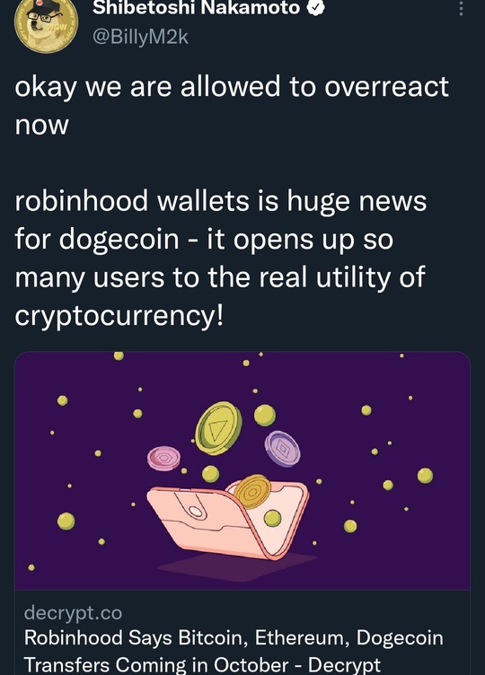 doge創造者就Robinhood錢包的發布發表了看法