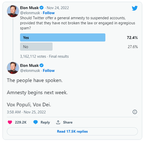 Elon Musk says Twitter will offer 'amnesty' to suspended accounts