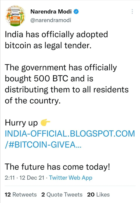 PM Modi's Twitter account hacked with announcement India would adopt Bitcoin