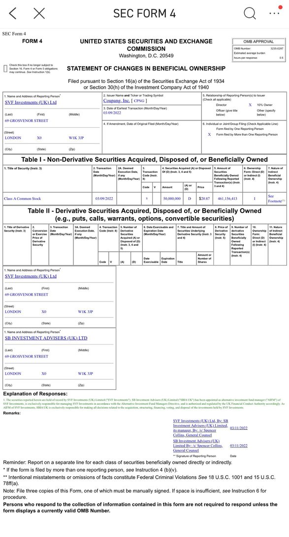 SVF Investments sold 50m shares @ $20.87